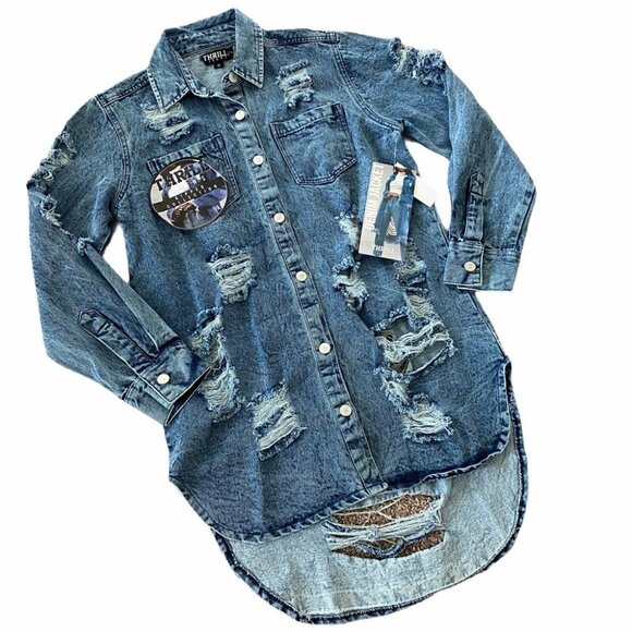 NEW THRILL Destroyed Long Denim Jacket Sz M - Picture 2 of 15